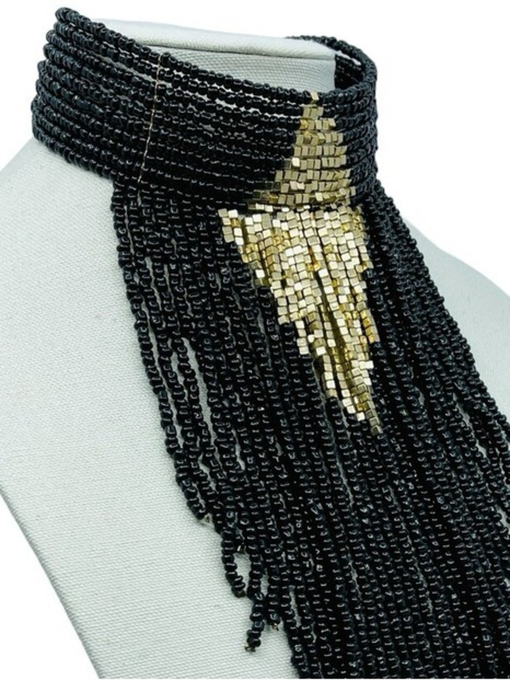 Black & Gold Beaded Fringe Collar Necklace Statement Piece 14-17” - Picture 7 of 8